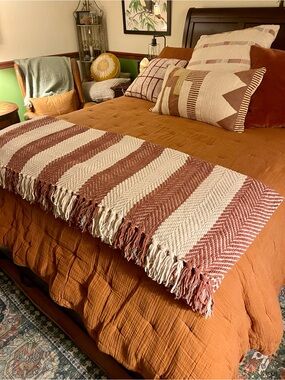 Woven Cotton Chenille Throw Blanket - Rust & Cream Stripe